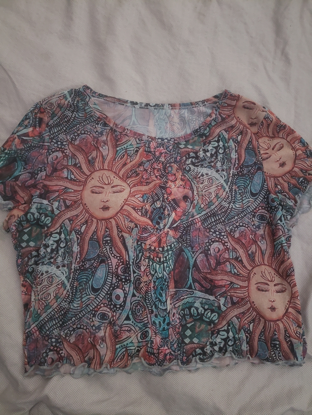 Bohemian Sun Print Short Sleeve sheer Crop Top- Forever21